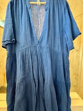 Anthropologie Women's Blue Gauze V-Neck Tiered Dress/Cover up